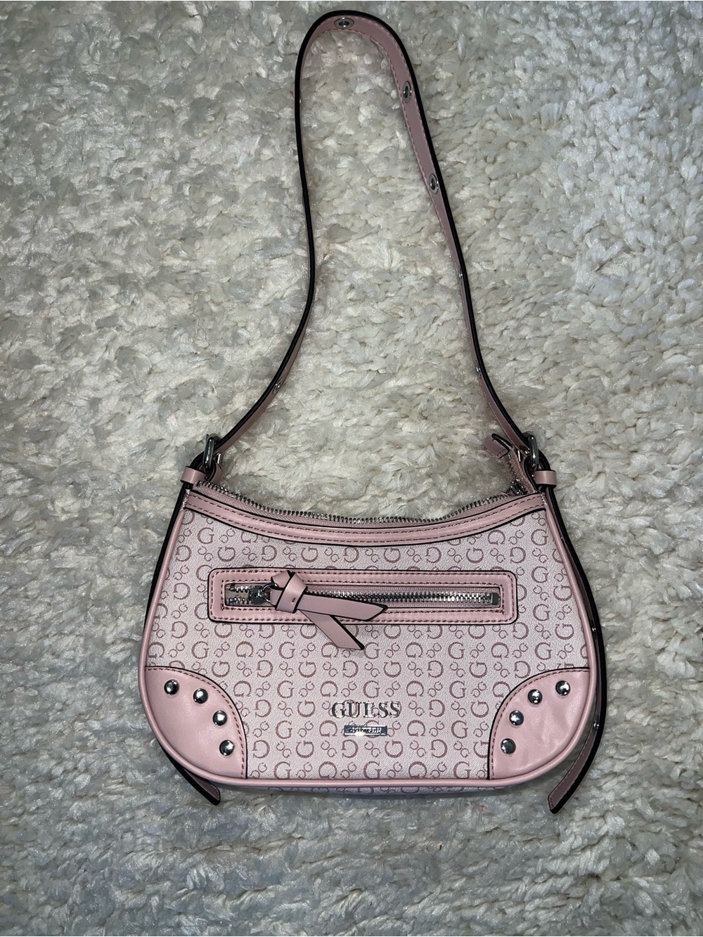 GUESS Pink Monogram Shoulder Bag with Bow Accent